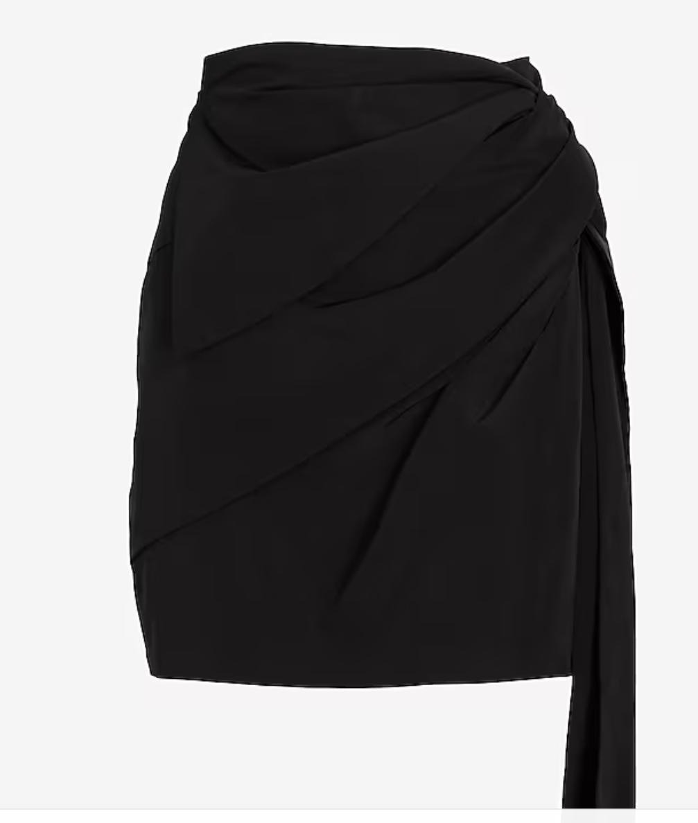 Black high-waisted bow mini skirt, draped back bow and long tail