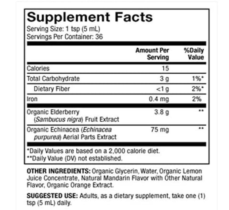Supplement Facts label for syrup, showing serving size and ingredient amounts