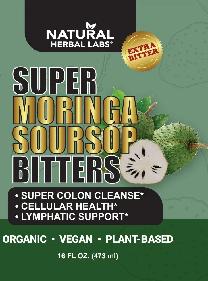 Supplement box front with "Super Moringa Soursop Bitters" text and plant graphics