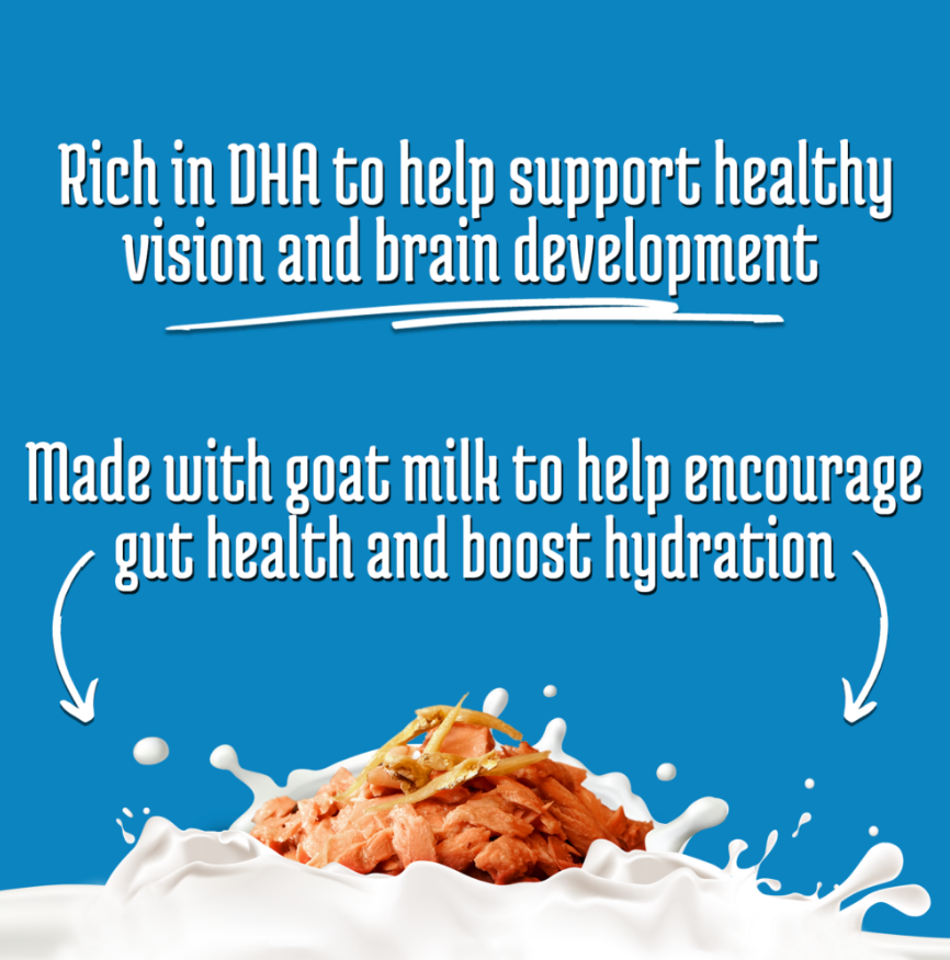 Nutrition graphic for cat food: DHA and goat milk for healthy vision and hydration, tuna & anchovies