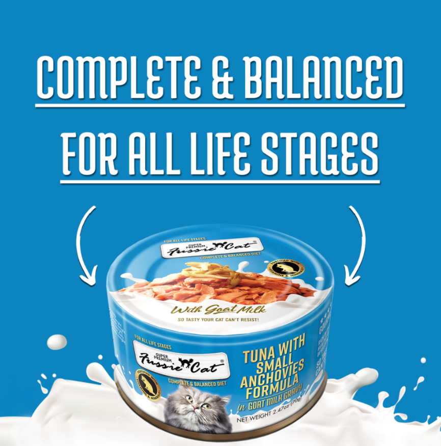Complete & balanced cat food info panel for all life stages, with tuna and anchovies tub