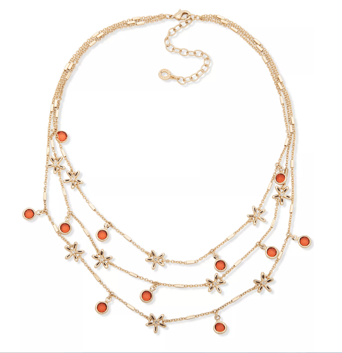 Gold-tone layered charm necklace with orange stone beads and star charms