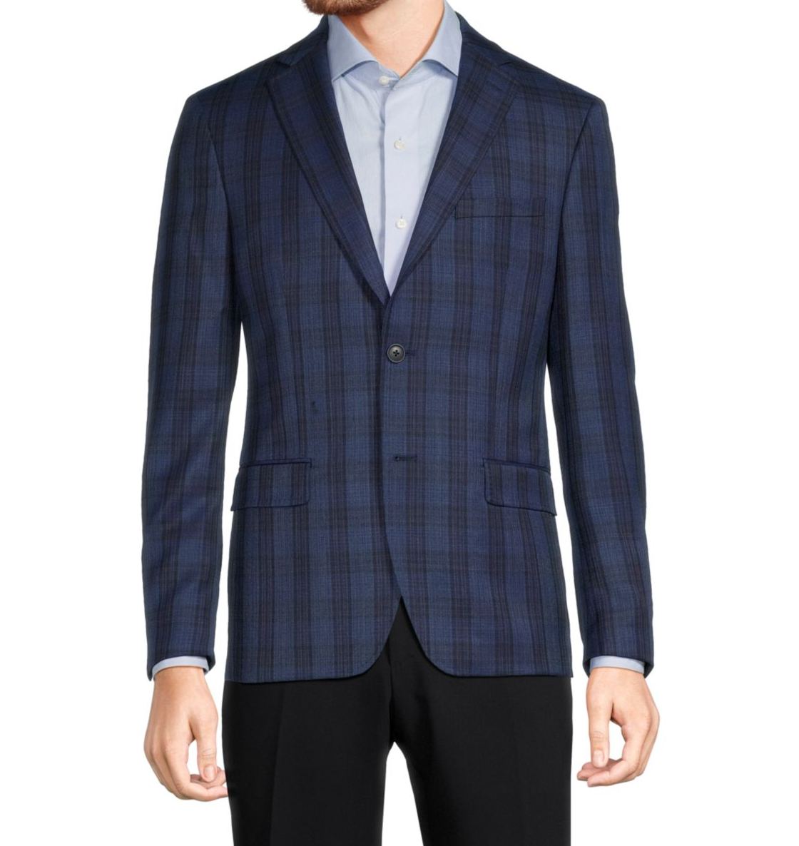 Men's blue plaid wool sport coat, slim fit, notch lapels, two-button front, flap pockets