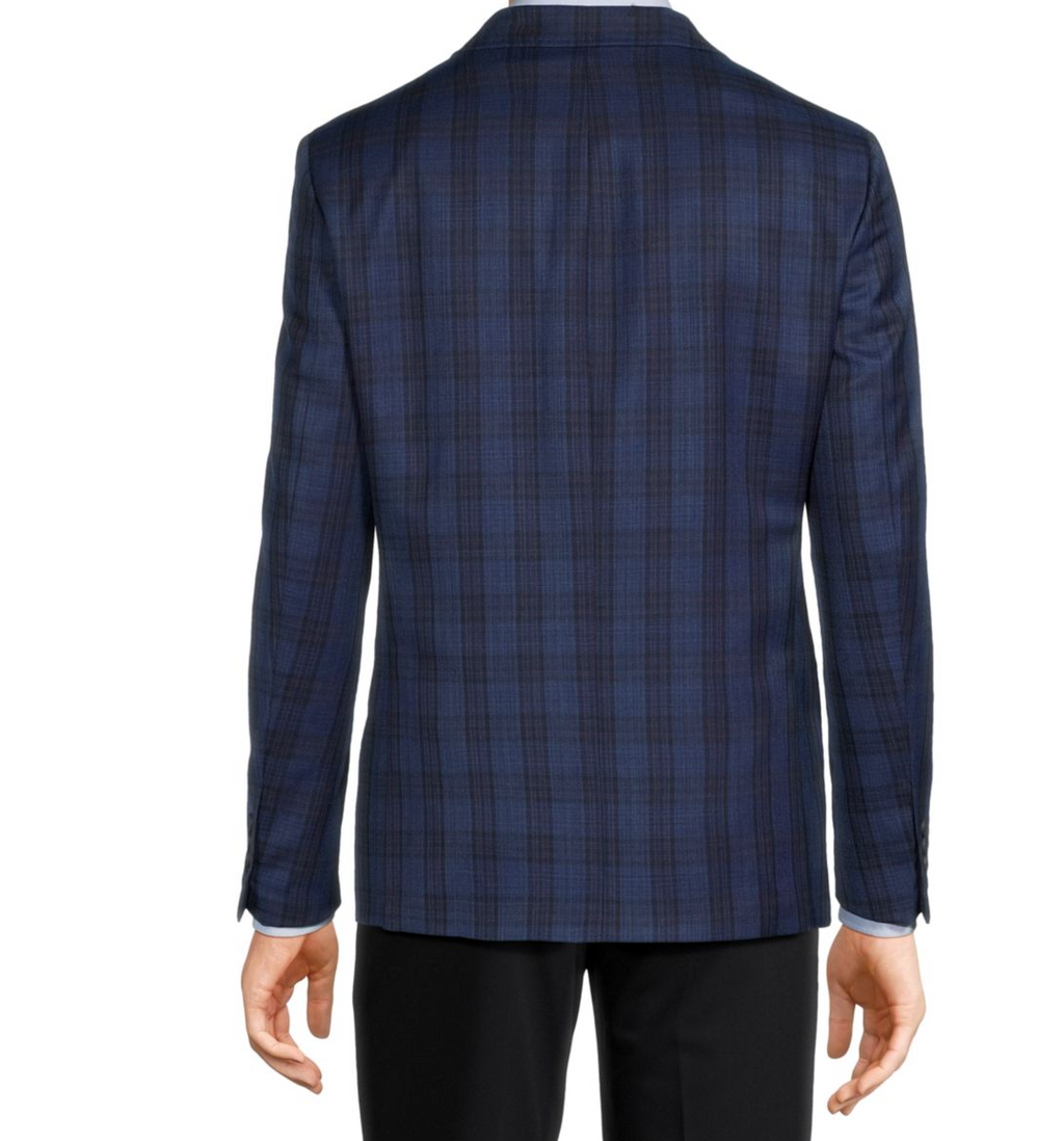 Men's blue plaid wool sport coat, slim fit, back view with tailored seam details