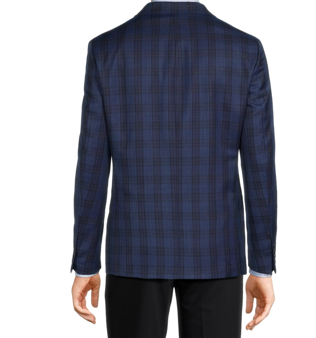 Men's blue plaid wool sport coat, slim fit, back view with tailored seam details