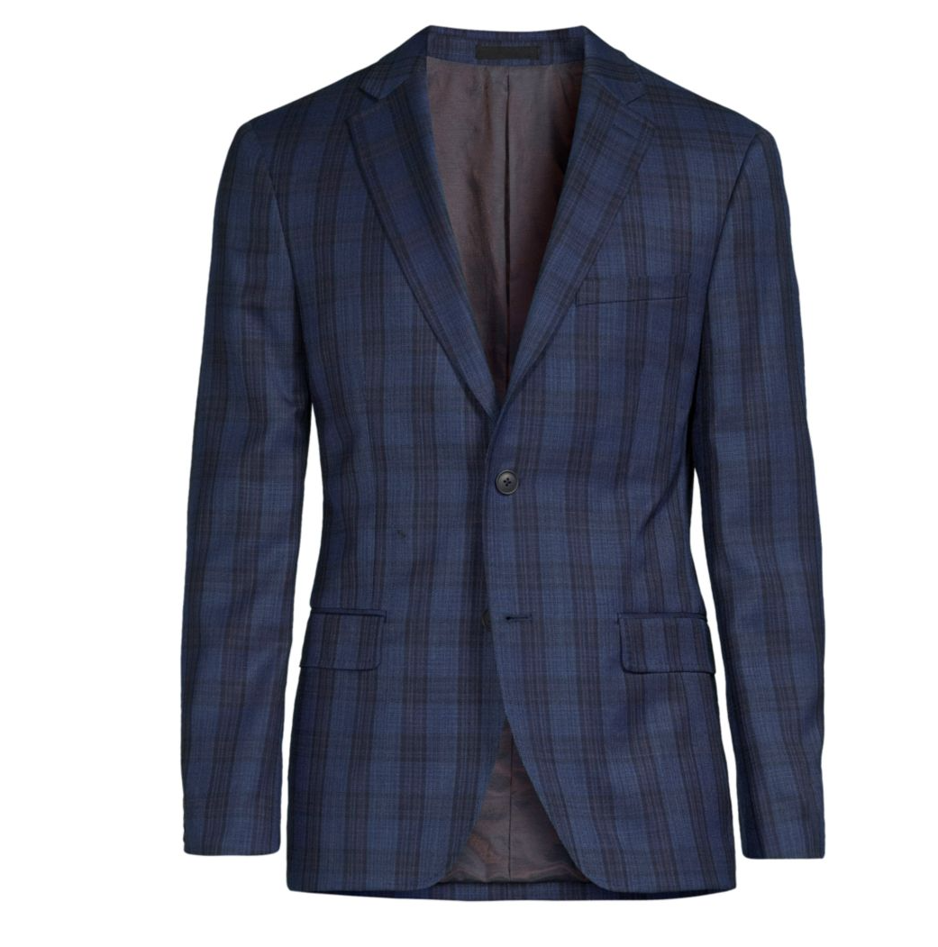 Men's blue plaid wool sport coat, slim fit, notch lapels, two-button front, flap pockets
