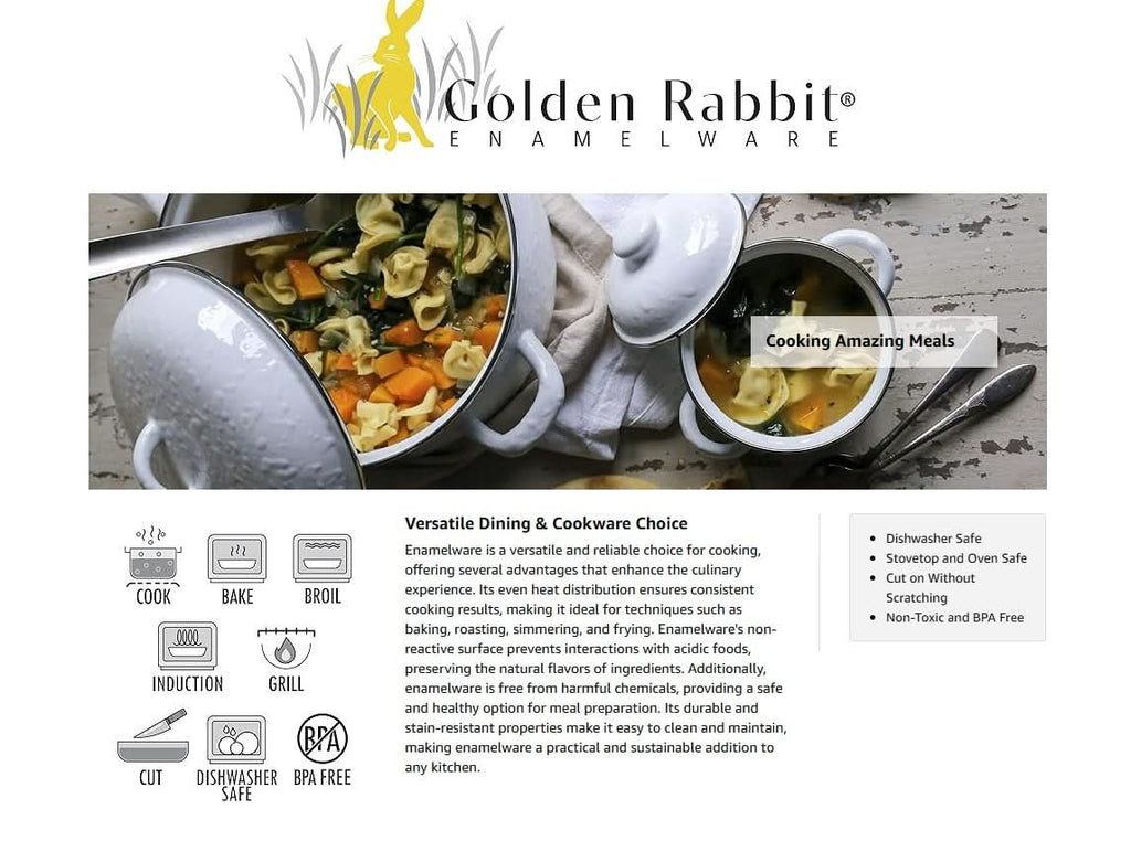 Golden Rabbit Enamelware mixing bowls set of 3 promo graphic with icons and text