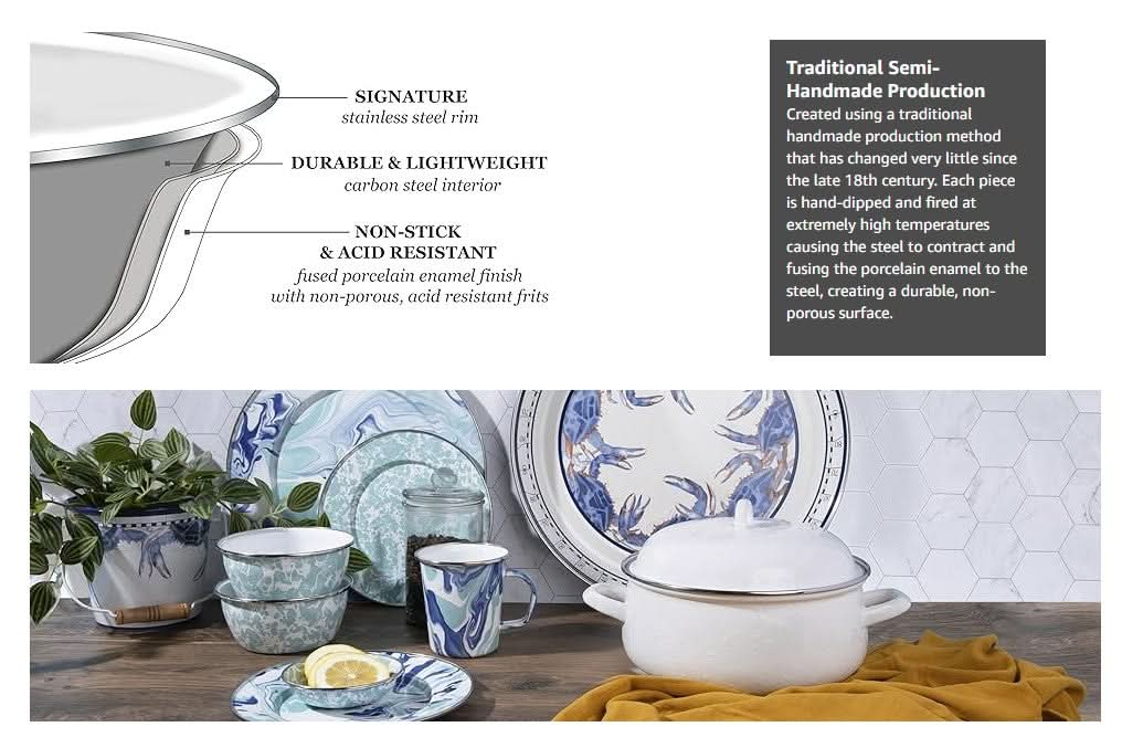 Enamel mixing bowls set of 3 product feature graphic with durability and coating notes