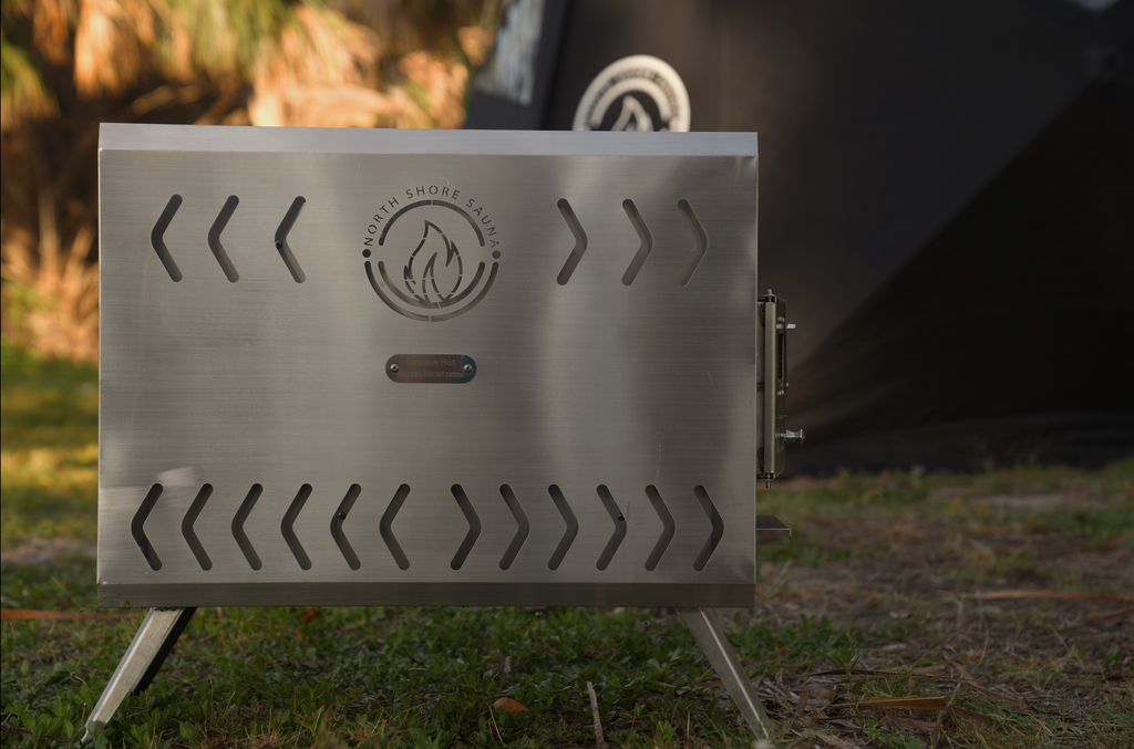 Stainless mini tent sauna stove front panel with vent slots and foldout legs