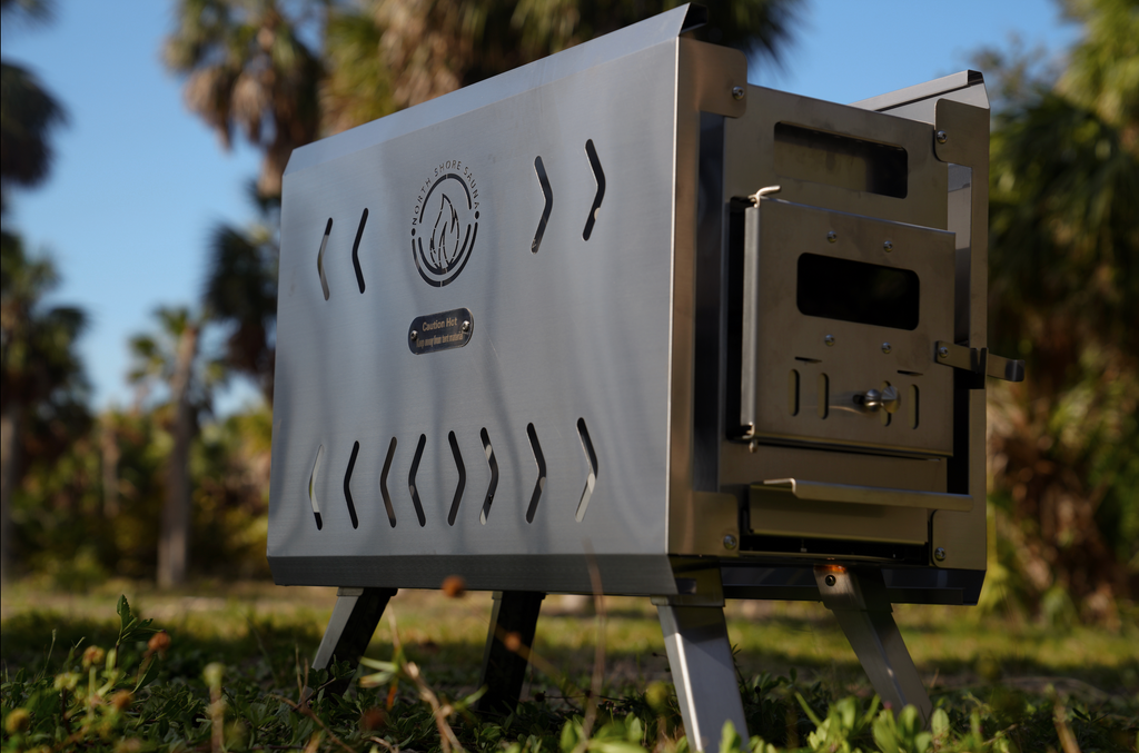Stainless mini tent sauna stove with ventilation cutouts and side door