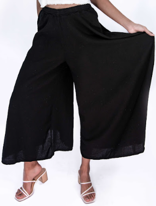 Black 100% cotton gauze pants with elastic waist and roomy wide-leg fit