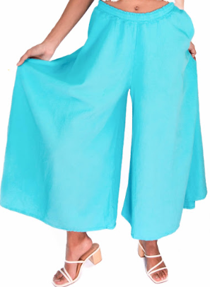 Turquoise 100% cotton gauze pants with elastic waist and breezy wide-leg drape