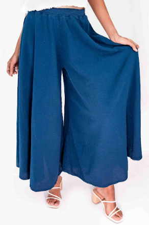Blue 100% cotton gauze pants with elastic waist and airy wide-leg drape