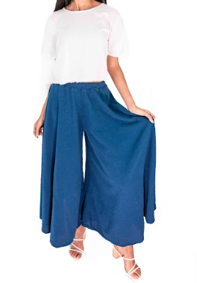 Blue 100% cotton gauze pants with elastic waist and loose wide-leg silhouette
