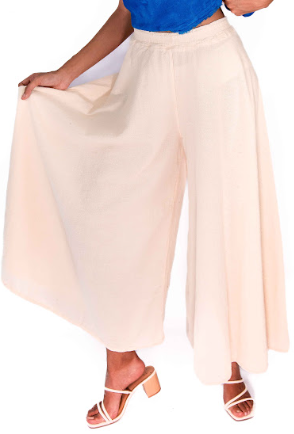 Cream cotton gauze wide-leg pants with elastic waistband