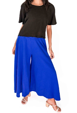 Royal blue cotton gauze wide-leg pants with elastic waistband