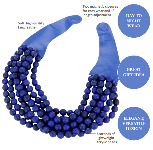 Deep blue chunky beaded statement necklace, multi-strand round bead design