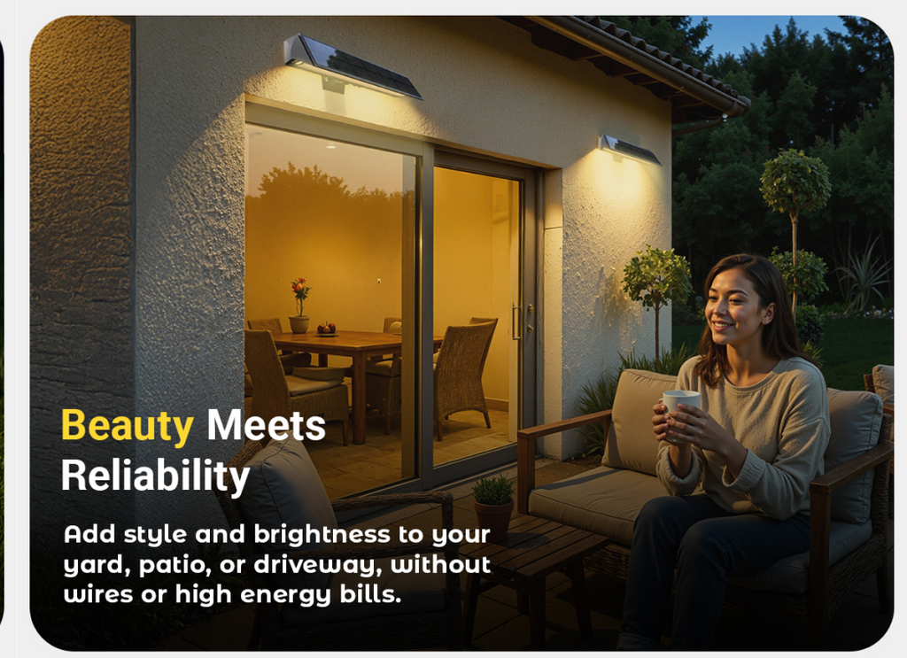 Solar sign flood light mounted by a doorway with warm outdoor light glow