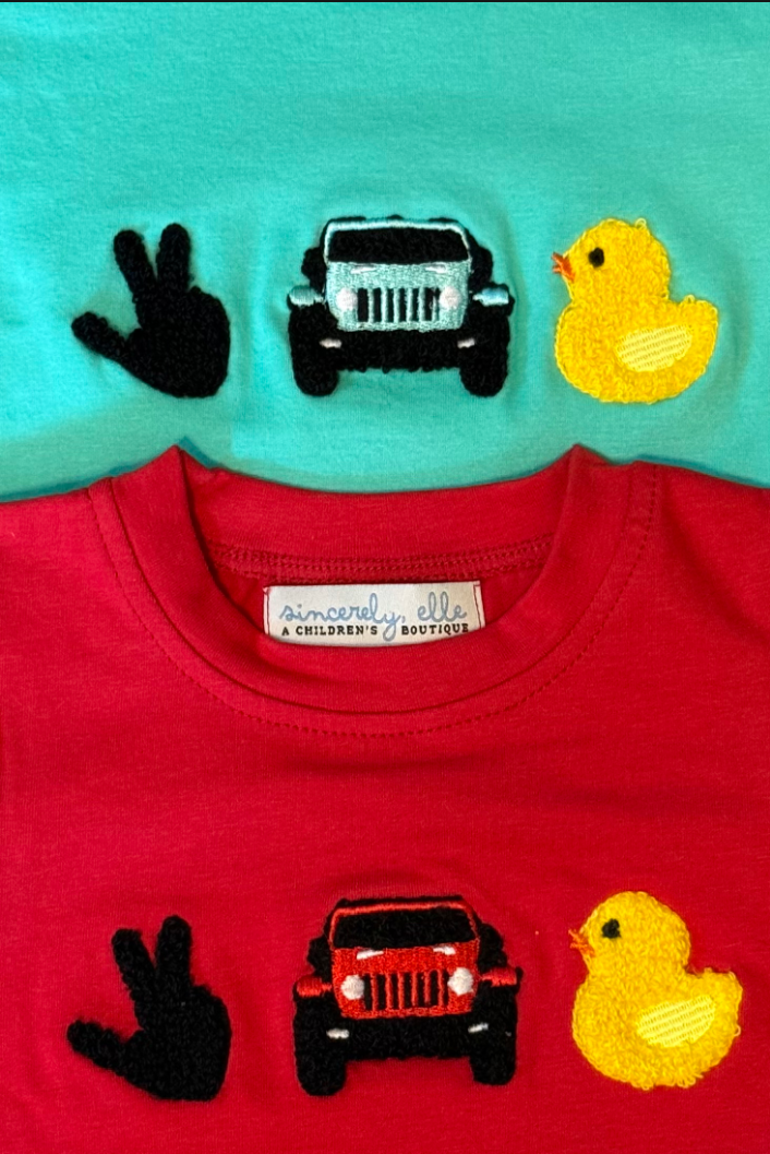 Girls' T-shirt applique detail: teal and red tees with car, handprint, and yellow duck