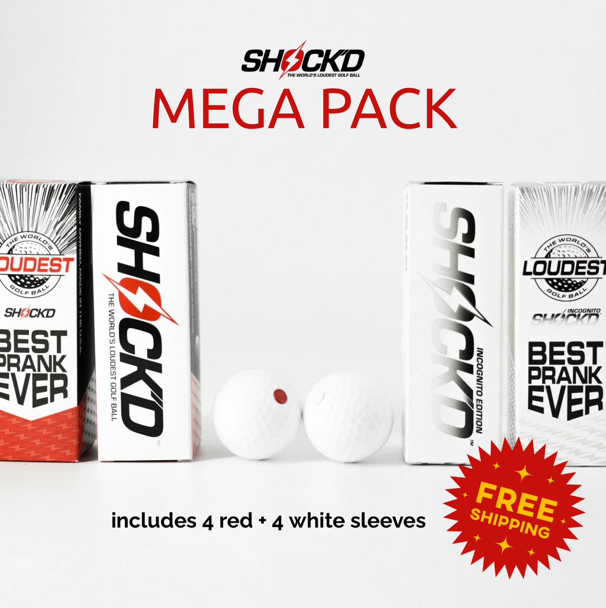 SHOCK'D golf ball mega pack with red and white sleeves and two loose white balls in boxes.