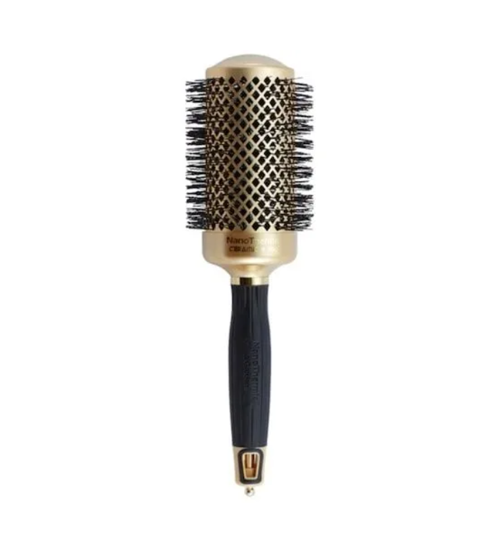 Nano thermal round hair brush with gold barrel and dark handle, vented bristles
