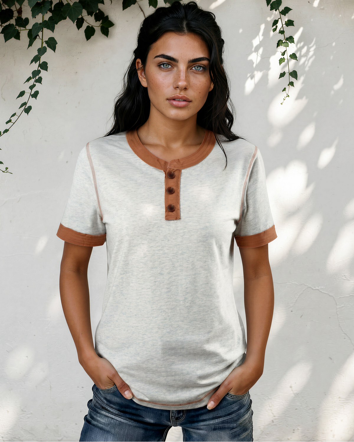 Color-block henley tee, light grey with brown button placket and contrast cuffs