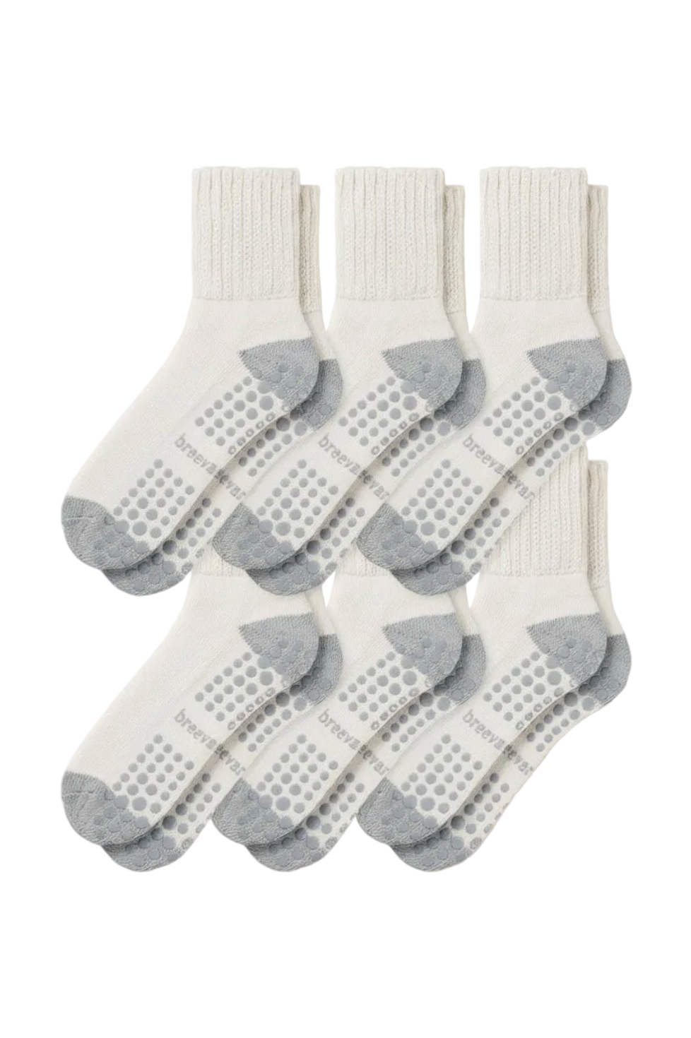 6-pack men's crew socks, off-white with gray toes and non-slip dotted soles