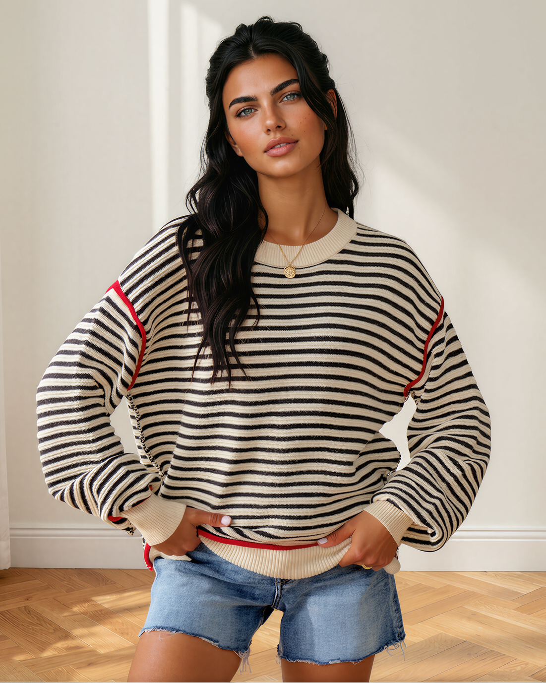 Oversized long-sleeve striped sweater with ribbed cuffs and hem, red trim detail