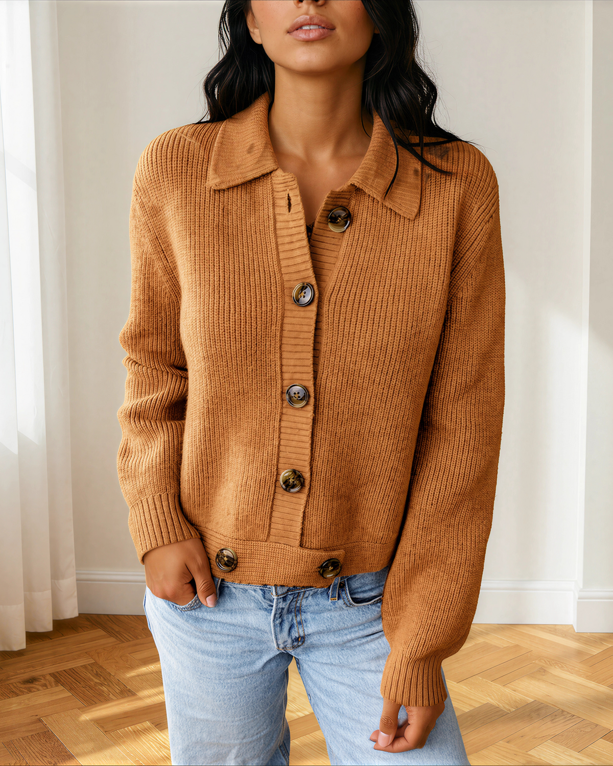 Tan ribbed knit button-front cardigan with collared neckline and long sleeves