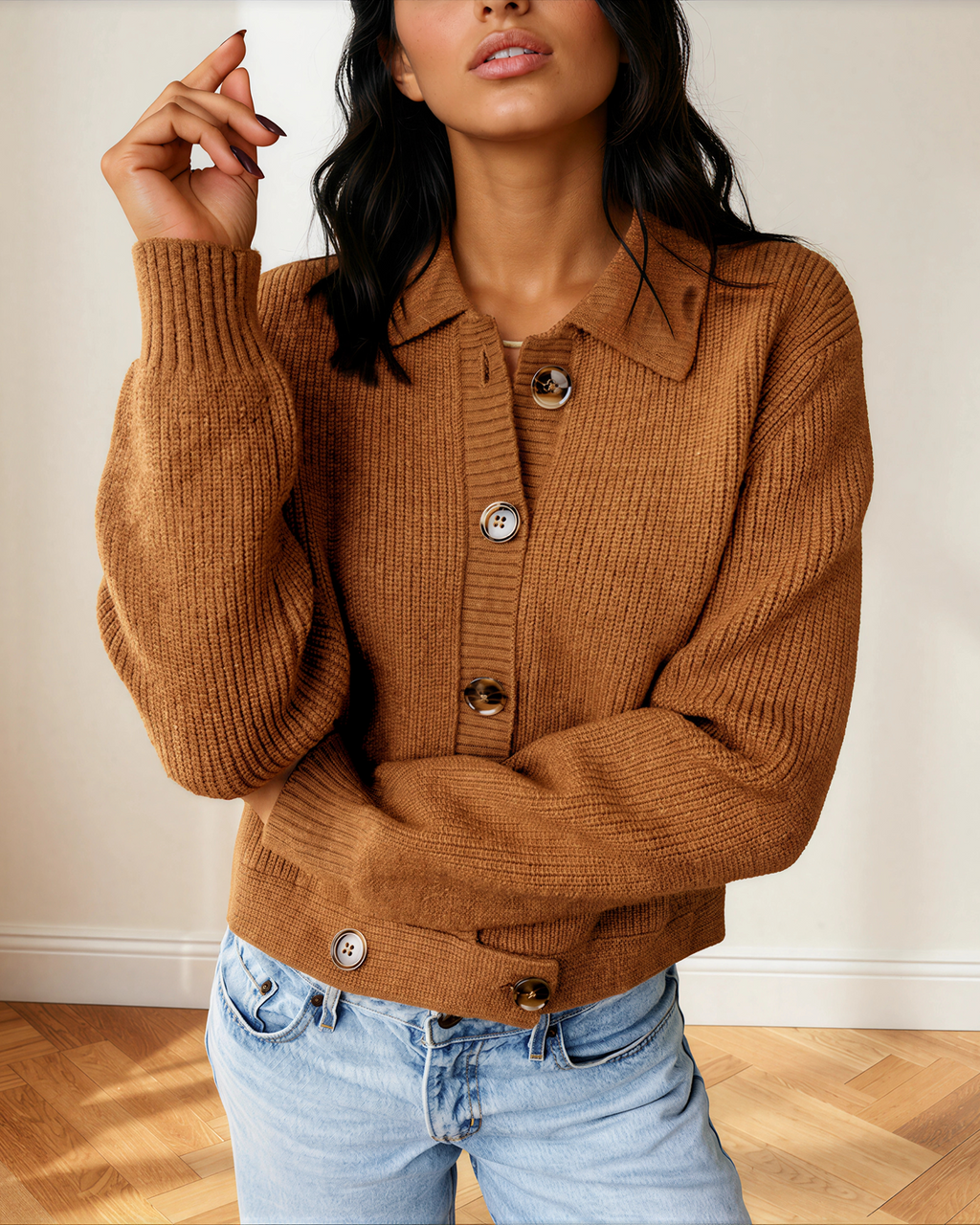 Tan ribbed knit cardigan with button placket and collared neckline, long sleeves