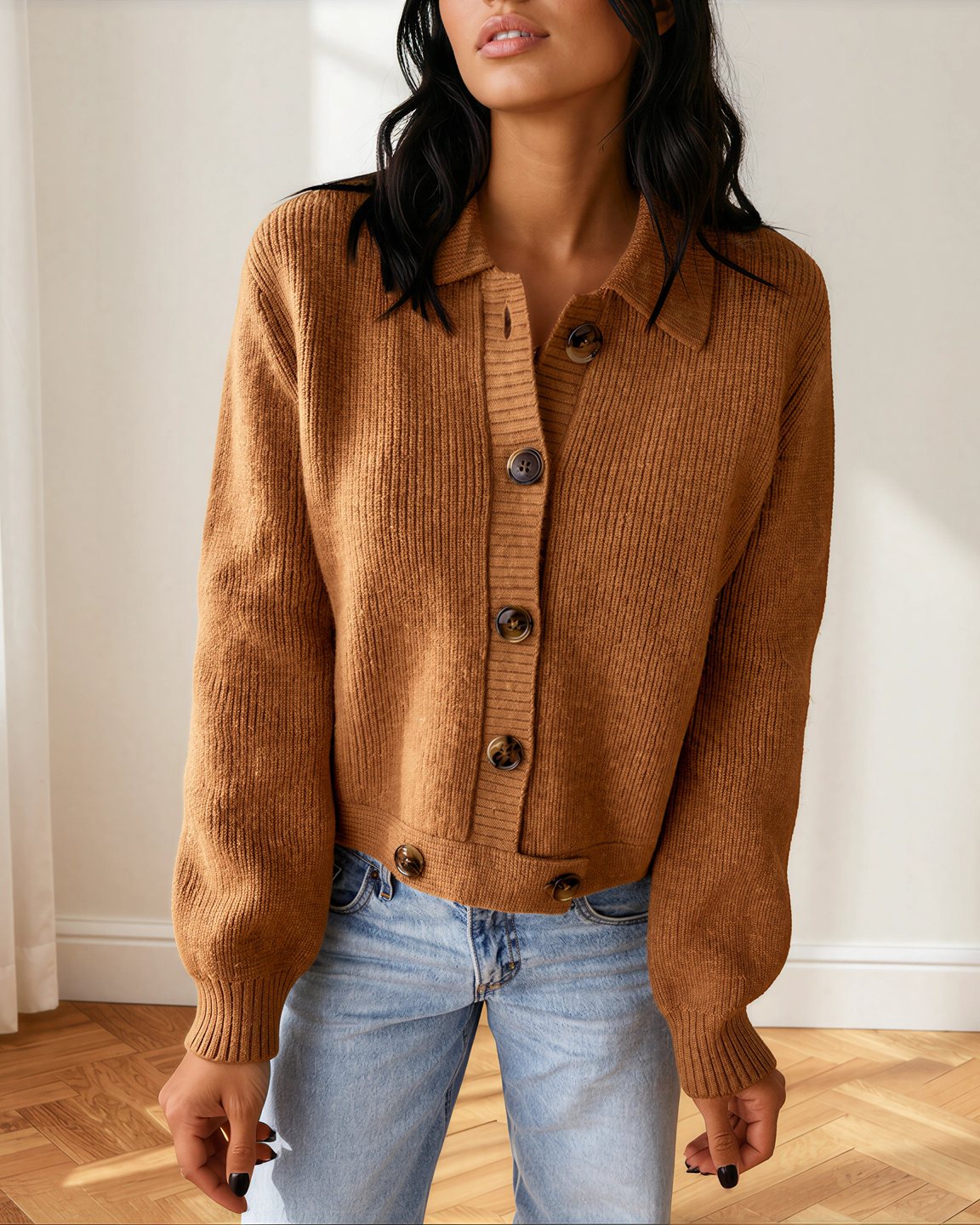 Tan ribbed knit button-front cardigan with collared neckline and long sleeves