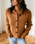 Tan ribbed knit cardigan with collared button placket and long sleeves
