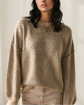 Beige geometric drop-shoulder knit pullover with ribbed cuffs and hem