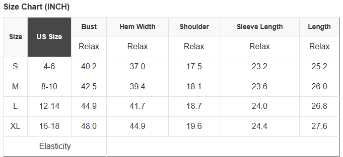 Size chart table for hoodie measurements in inches