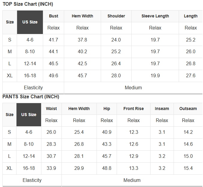 Size chart table for top and pants measurements in inches
