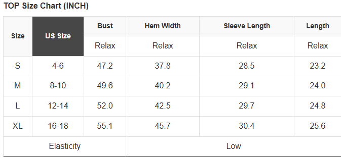 Size chart table with bust, hem width, sleeve length, and jacket length (inches)