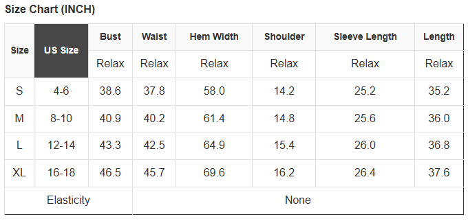 Dress size chart table: bust, waist, hem width, shoulder, sleeve length, length