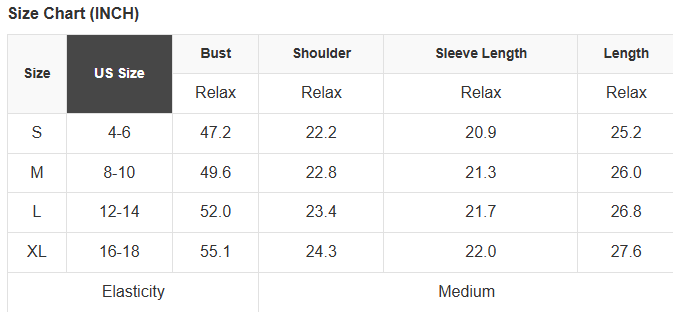 Size chart table for sweatshirt showing bust, shoulder, sleeve length, and length