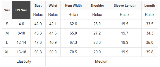 Size chart table listing S–XL bust, waist, hem width, shoulder, sleeve, length