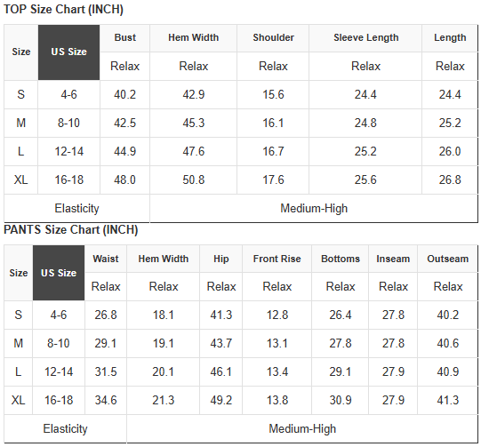 Size chart for top and pants in inches, including bust, hem, waist, inseam