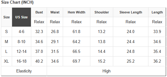 Size chart listing bust, waist, hem width, shoulder, sleeve length, and length.