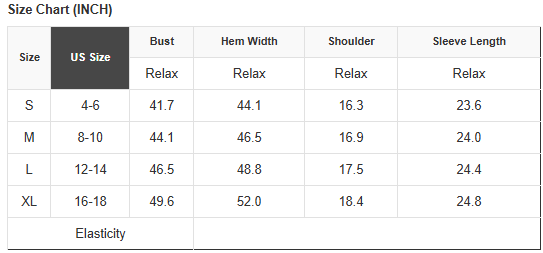 Size chart table listing bust, hem width, shoulder, and sleeve length by size.