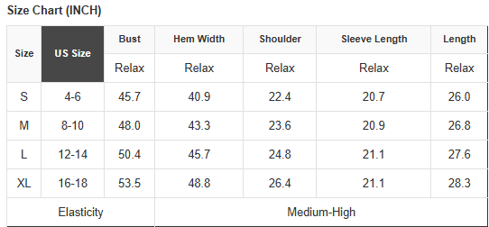 Size chart (in) table listing bust, hem width, shoulder, sleeve length, length