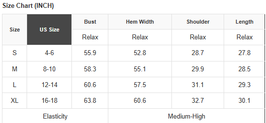 Size chart table for tunic sweater: S–XL bust, hem width, shoulder, length