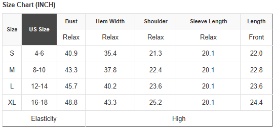 Size chart table with inch measurements for bust, hem width, shoulder, and sleeve length
