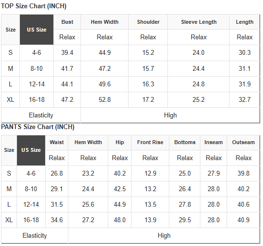 Size chart table for cardigan measurements and pants measurements in inches