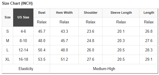 Size chart (inches) table: bust, hem width, shoulder, sleeve length, length
