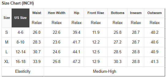 Size chart table with waist, hip, rise, inseam, outseam, and bottom measurements