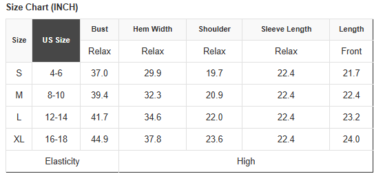 Sweater size chart (inches) showing bust, hem width, shoulder, sleeve length, and length