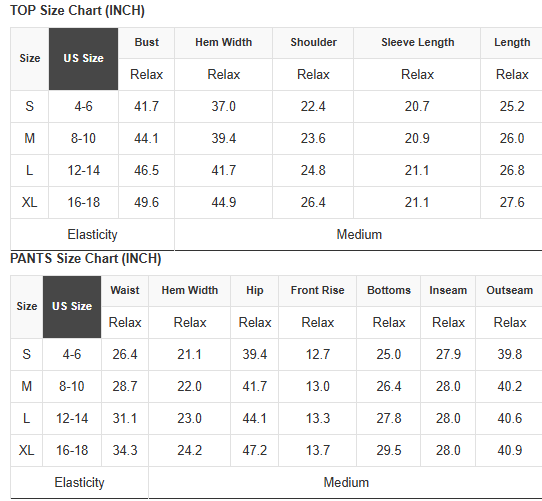Size chart for top and pants in inches, with measurements and table layout